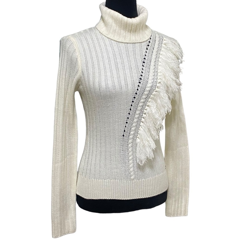 DKNY Ivory Fringe Ribbed Knit Turtleneck Sweater Boho Cozy Pullover Small - Picture 3 of 8